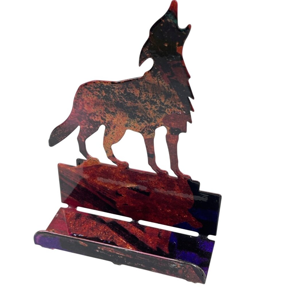 Business Card Holder Howling Coyote Wolf Southwestern Metal Office Desk Vintage - Picture 4 of 8